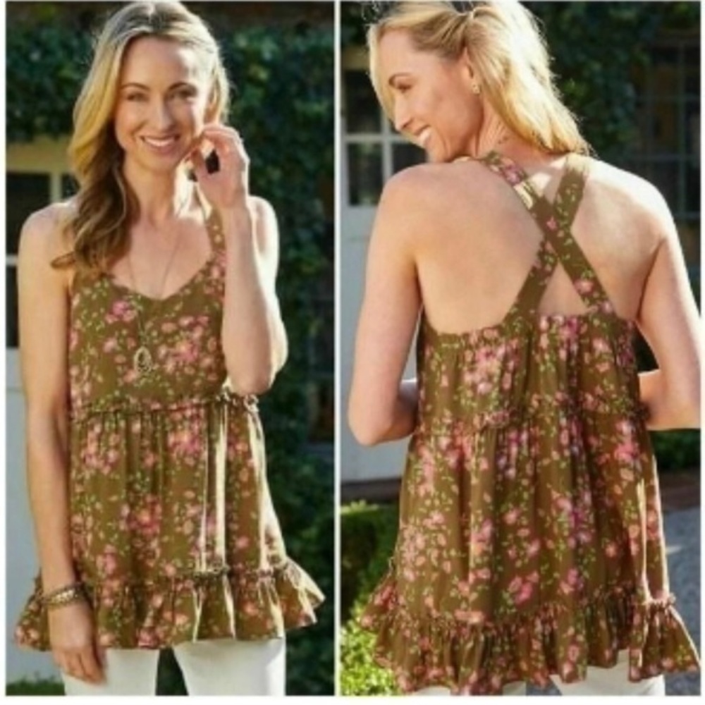 Matilda Jane Brown Floral Print On A Whim Tank Top Ruffle Hem Medium